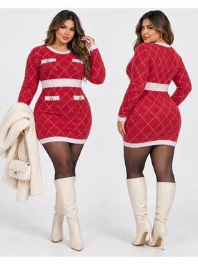 NWT Sweater Dress Large Red Fuzzy Knit Rhinestone Long Sleeve Mini Holiday Glam